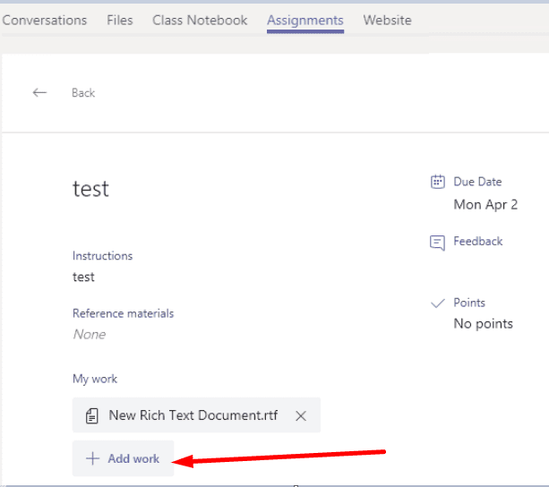hand in assignment microsoft teams add work