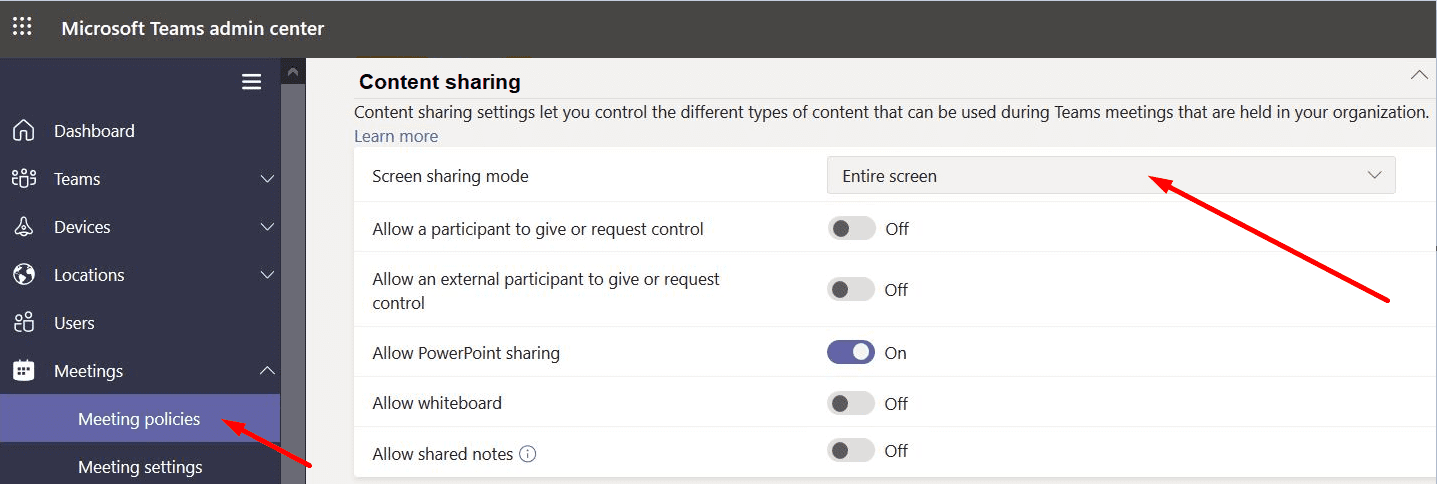 ms teams screen sharing mode settings