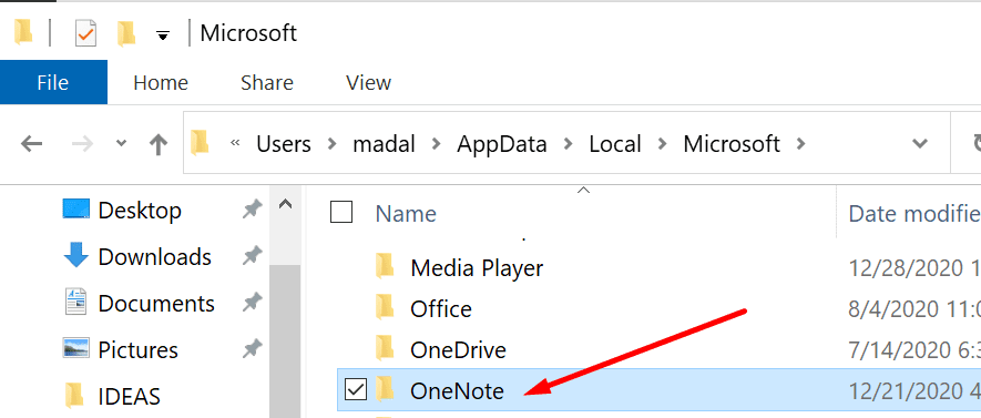 onenote folder appdata folder