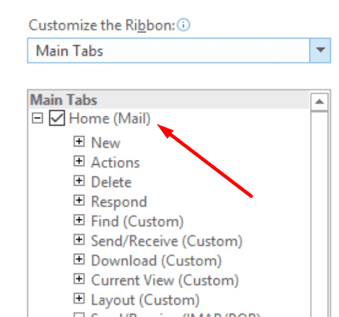 outlook customize ribbon home mail settings