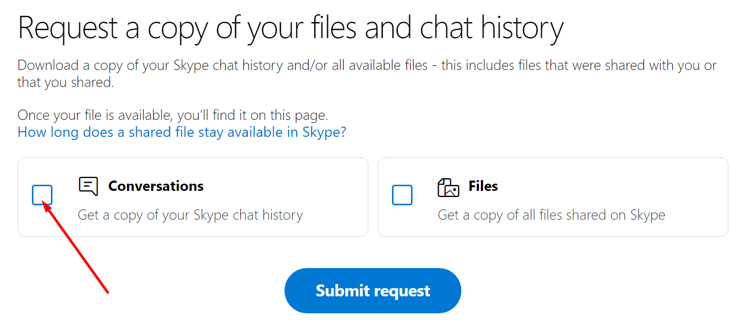request copy of skype conversation history