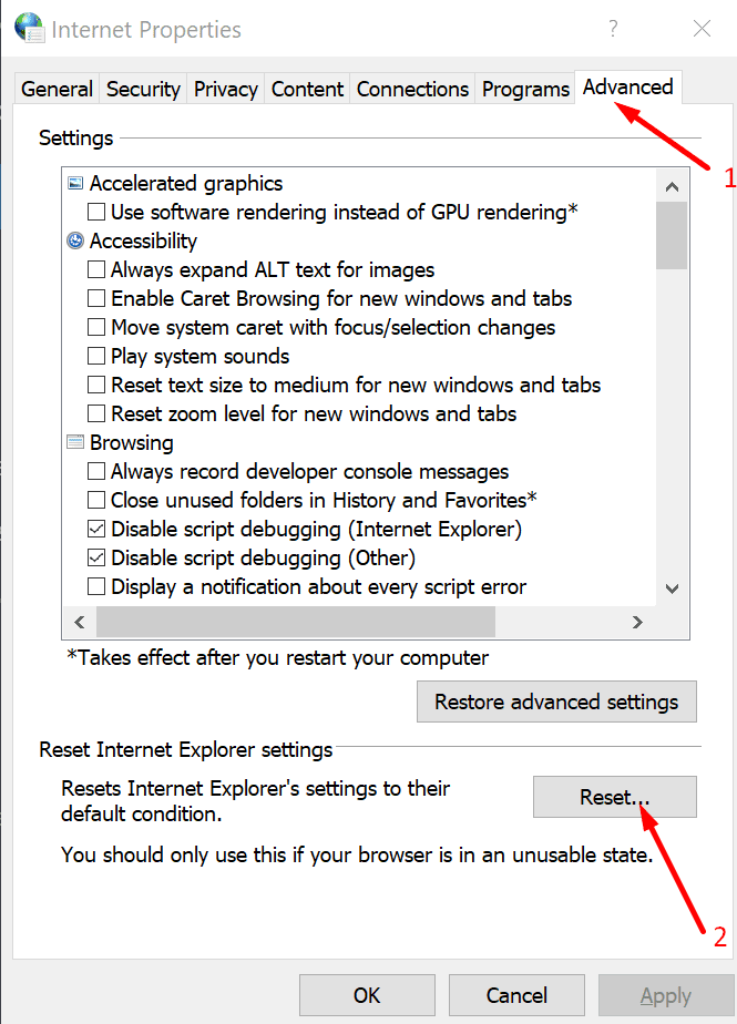 reset internet settings windows 10