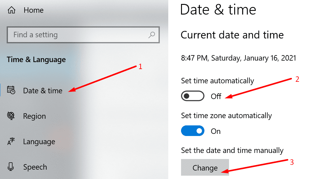 set date time manually windows 10