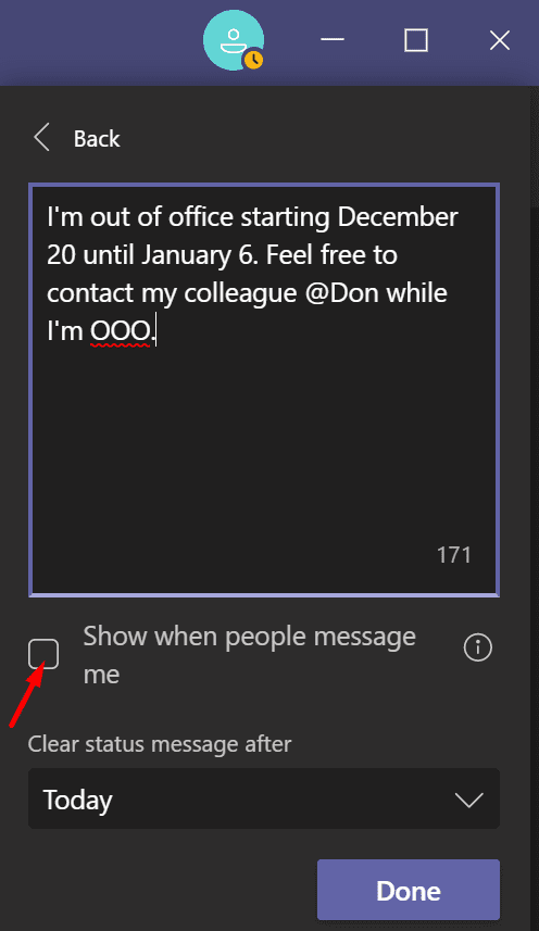 set out of office message microsoft teams