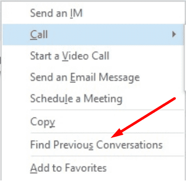 skype for business find previous conversations