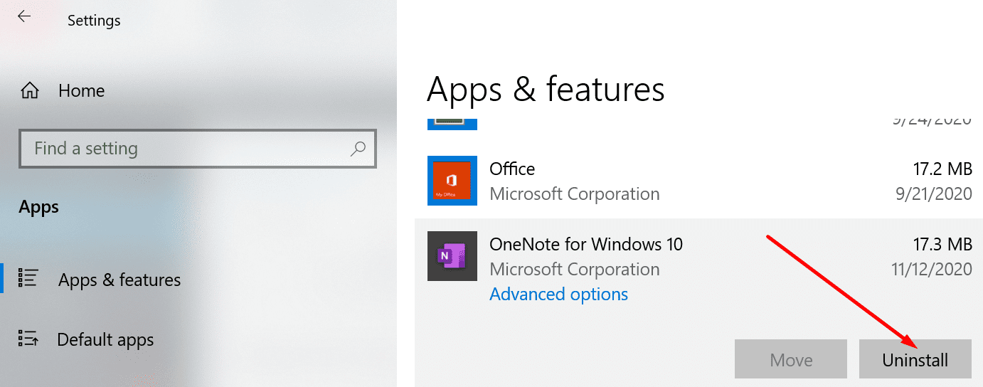 uninstall onenote application