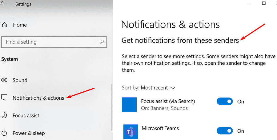 windows 10 get notifications from these senders