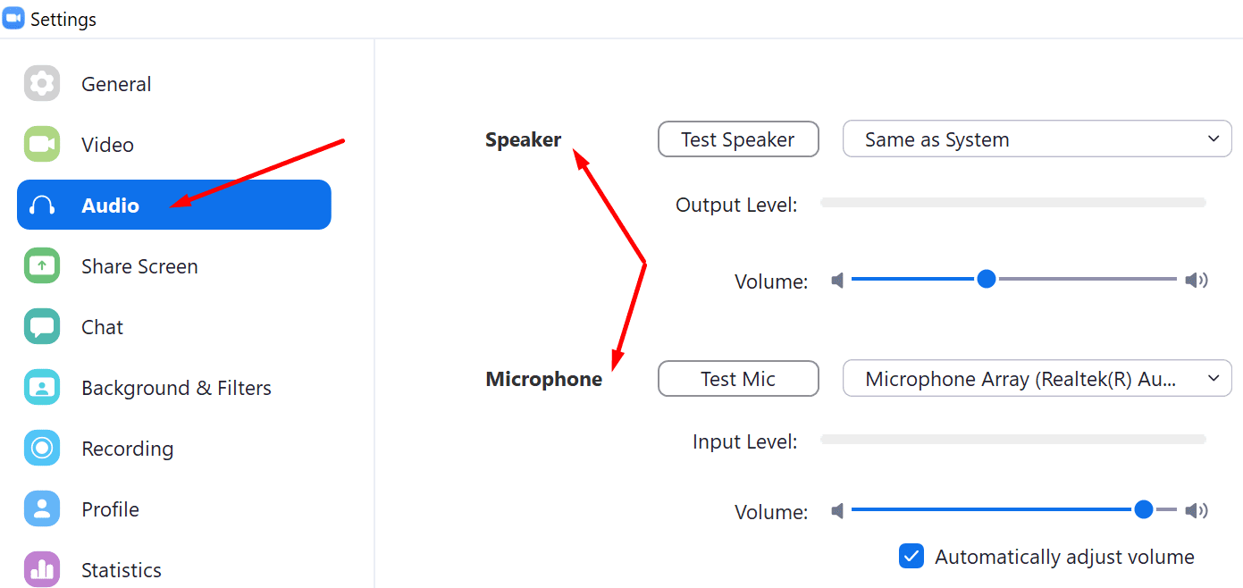 zoom audio settings speaker microphone