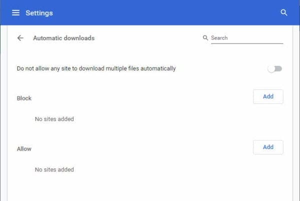 Chrome Automatic Downloads Settings