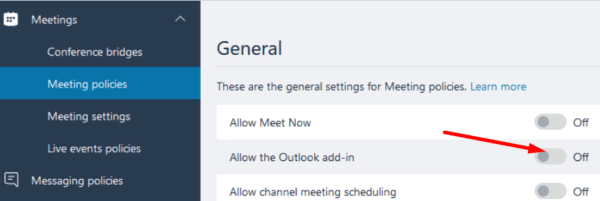 allow the outlook add-in meeting policies microsoft teams