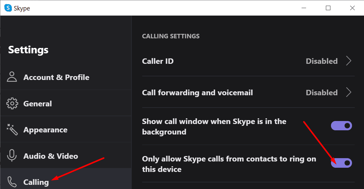 only allow skype calls from contacts to ring on this device
