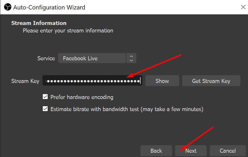 paste facebook live stream key into OBS