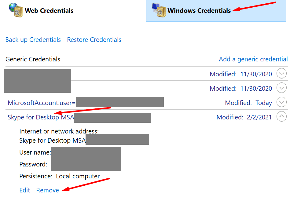 remove skype windows credentials