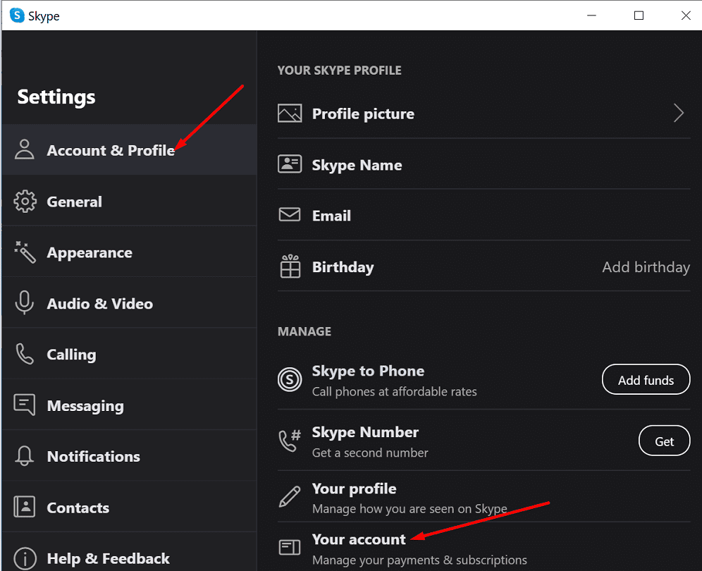 skype your account settings