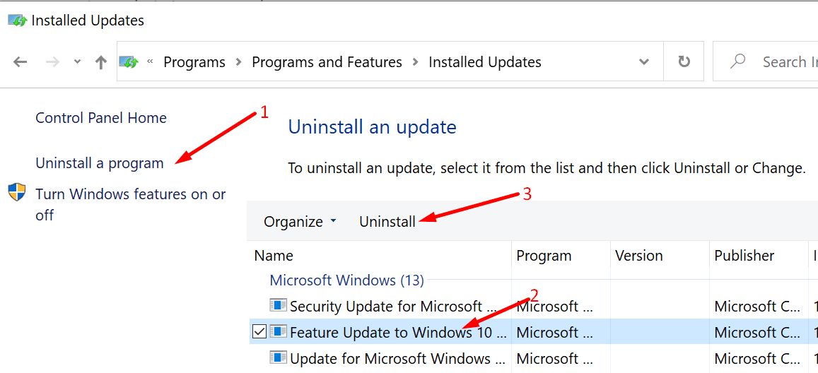 uninstall windows 10 update control panel