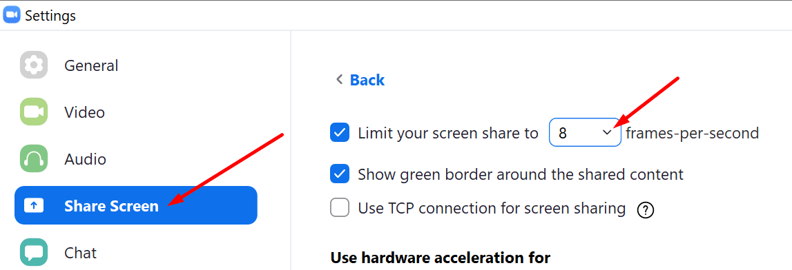 zoom share screen FPS settings