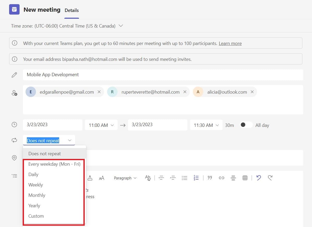 Click on Does not repeat to open a drop-down list