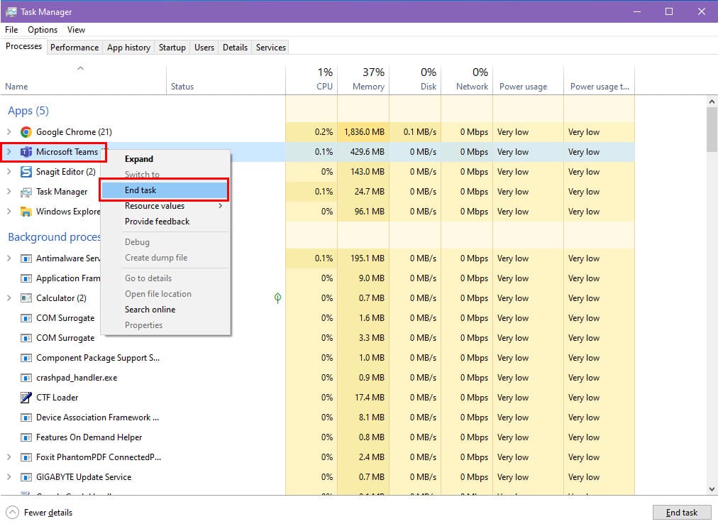 How to end task for MS Teams on Task Manager