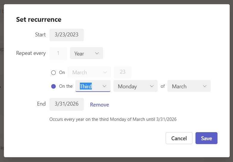 Select between the date of a month or the weekday of the month for Yearly option