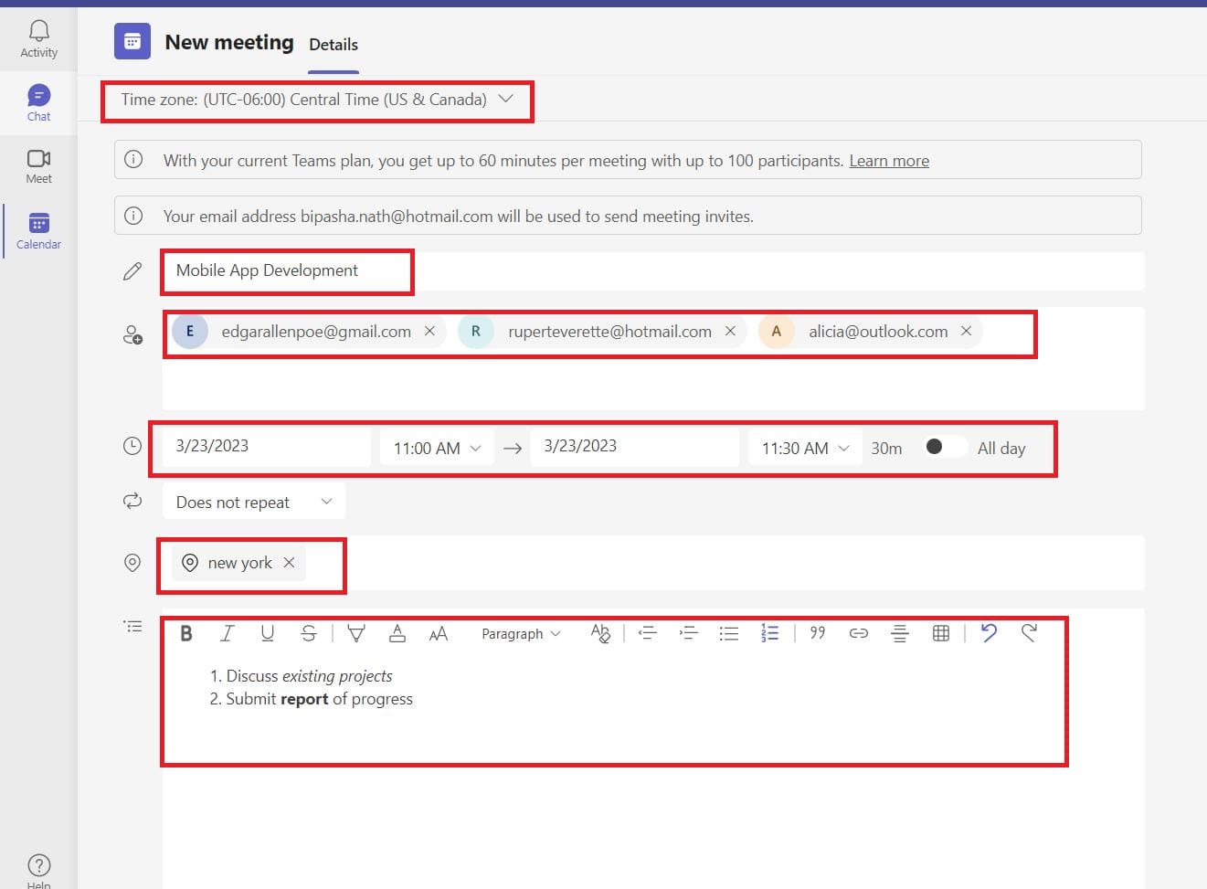 Select meeting duration from the drop-down menus for start and end times