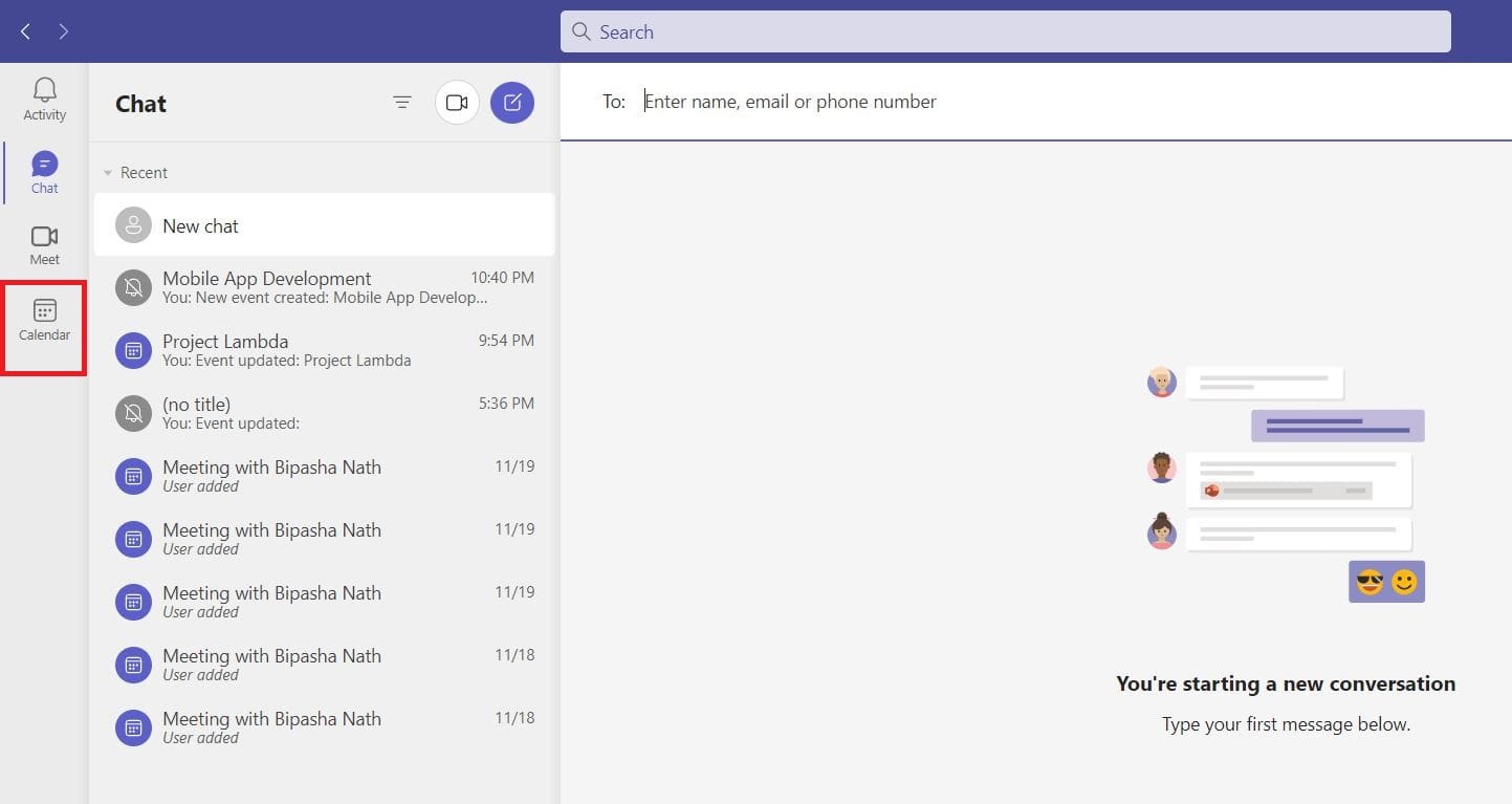 Select the Calendar tab from the left panel on teams Desktop app