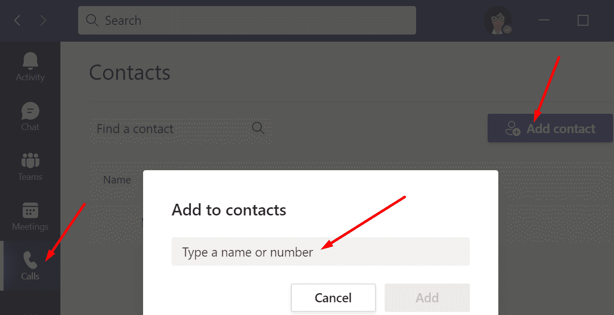 add new contact microsoft teams calls