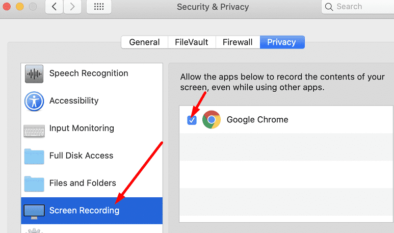 allow screen recording google chrome macOS