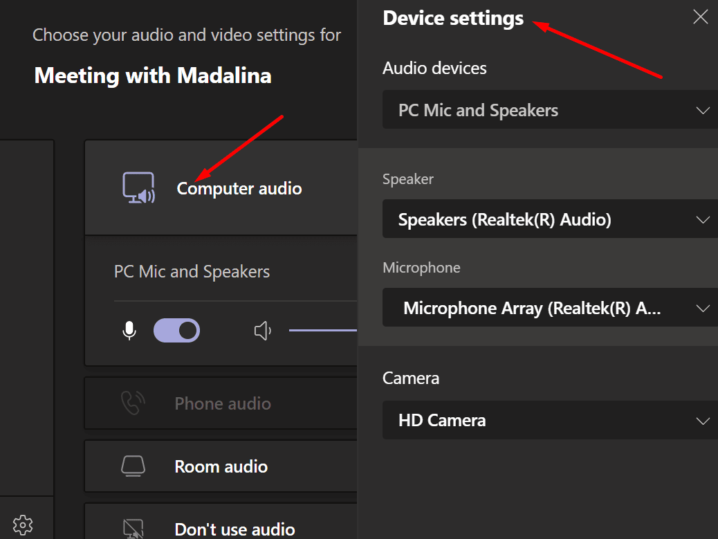 change teams audio settings during meeting