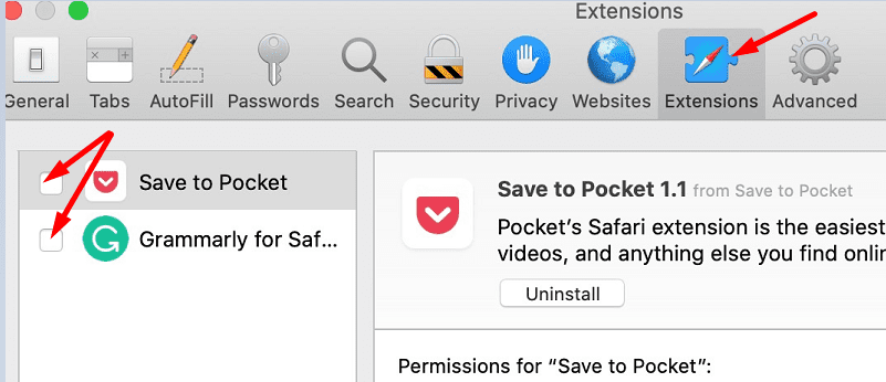 disable extensions safari