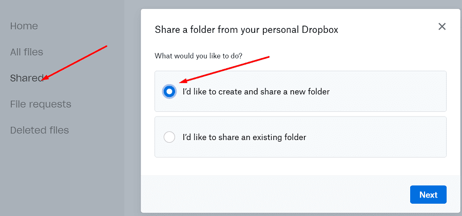 dropbox create and share new folder