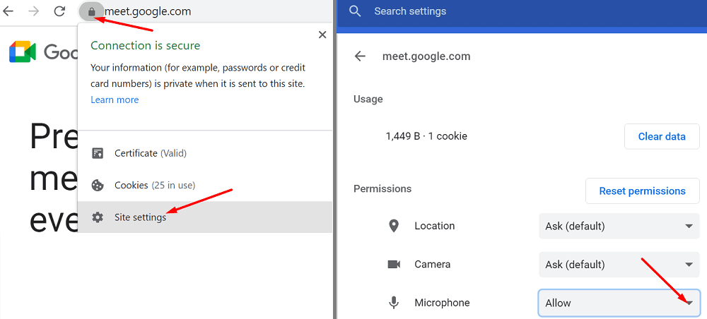 google meet allow site to use microphone