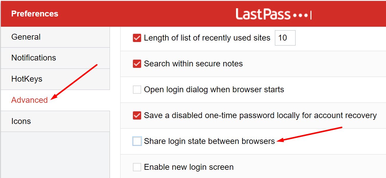lastpass share login state between browsers