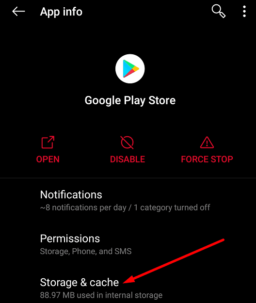 oneplus google play store storage and cache
