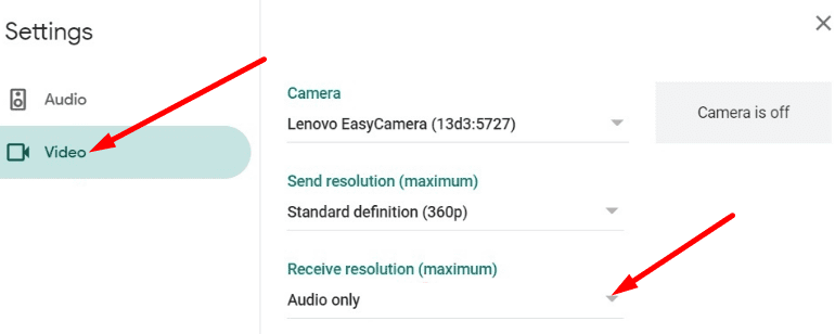receive resolution google meet settings