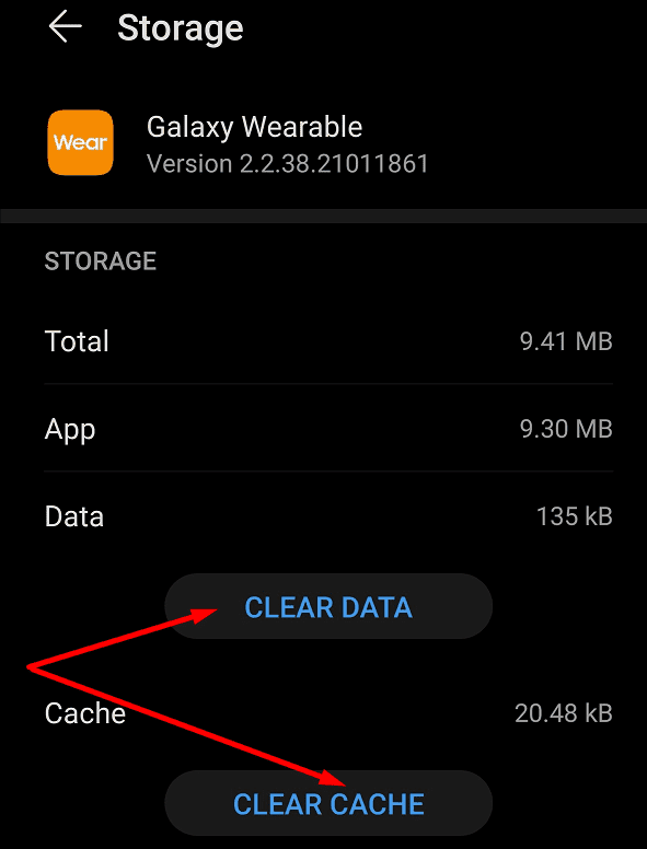 samsung galaxy wearable app clear cache