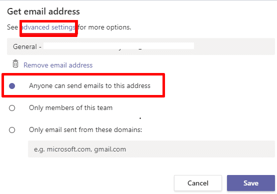 teams allow anyone to send emails to this address