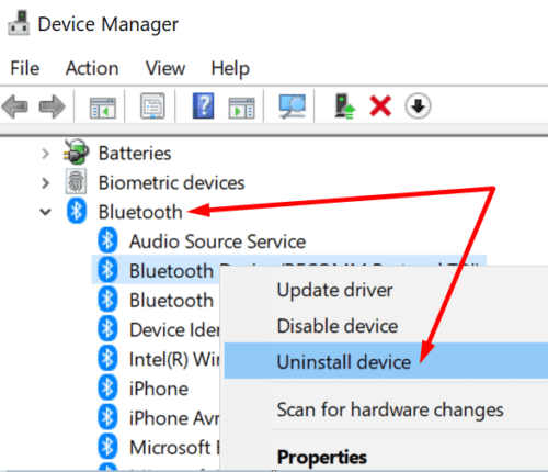 uninstall Bluetooth device device manager