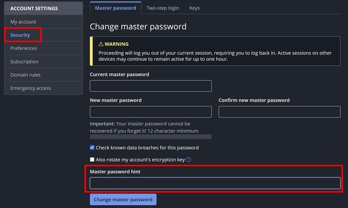 Change Your Master Password Hint