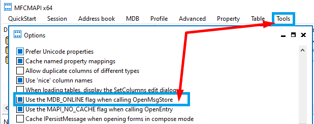 Use MDB_ONLINE when calling OpenMsgStore MFCMAPI