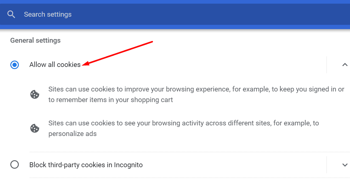 allow all cookies google chrome
