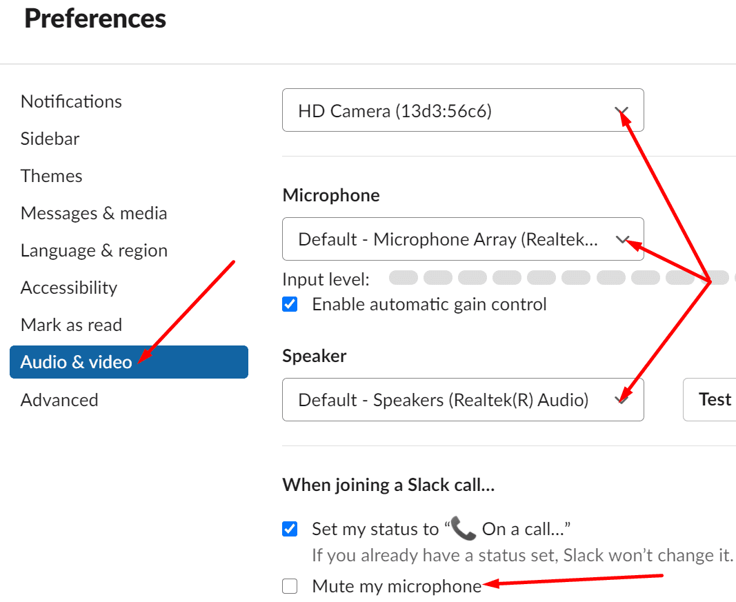 slack audio and video settings