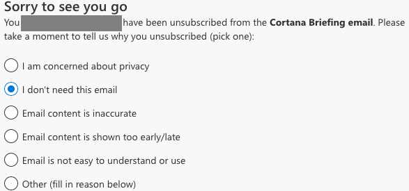 unsubscribe from cortana briefing email