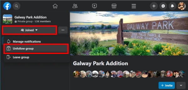 Feacebook Joined Unfollow Group Menu