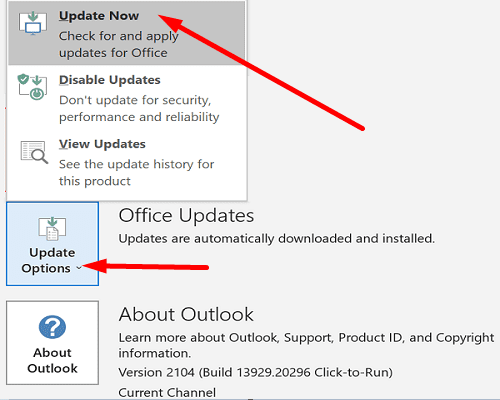 outlook not working after update