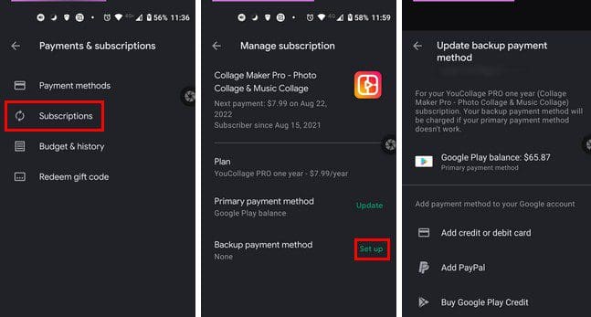 Backup payment method Google Play