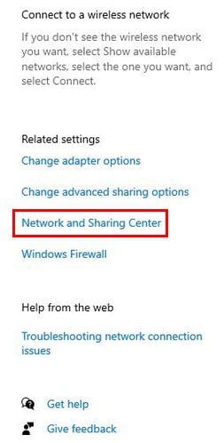 Network and sharing center Windows 10