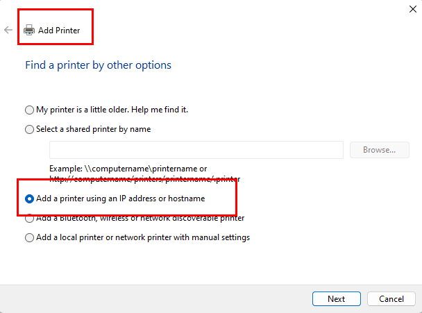 Add a printer using IP or hostname in Windows 11