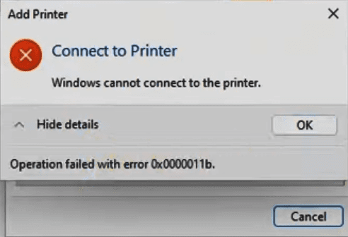 Error Operation failed with error 0x0000011b