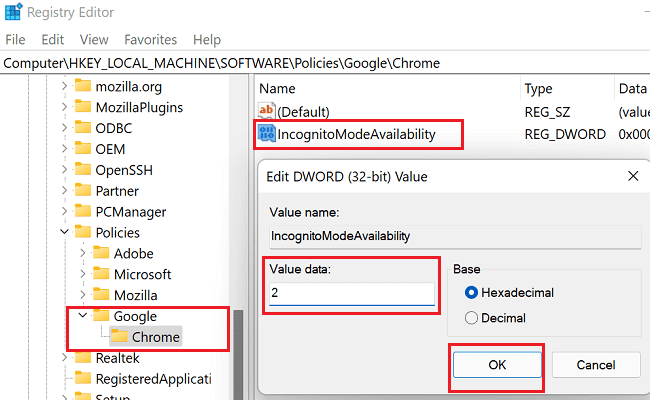 Chrome-IncognitoModeAvailability-Registry-Editor