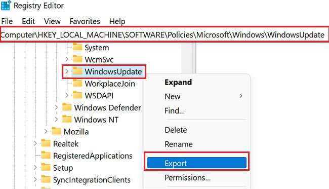 export-windows-update-registry-entry